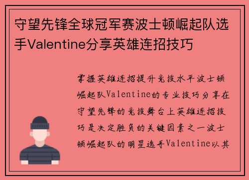 守望先锋全球冠军赛波士顿崛起队选手Valentine分享英雄连招技巧