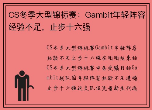 CS冬季大型锦标赛：Gambit年轻阵容经验不足，止步十六强
